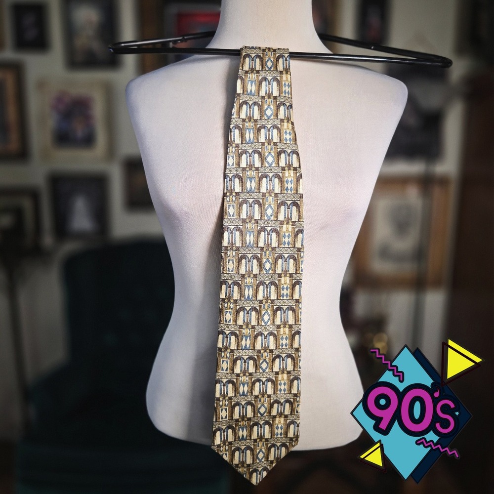 Structure Silk Tie Vintage 90s Mens Architectural Geometric Gold Blue USA Made